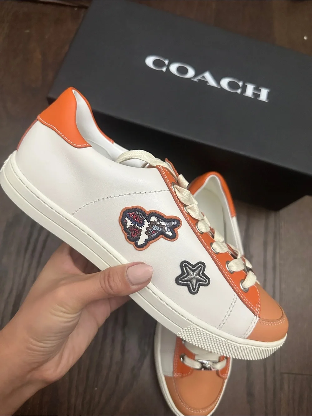 coach Leather Low-Top Sneakers in Orange and White